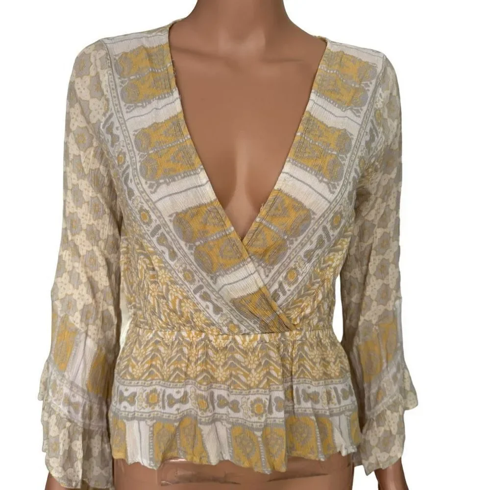 Free People Women’s Rosalie Bell Sleeve Top Multicolor Long Sleeve V-Neck size S